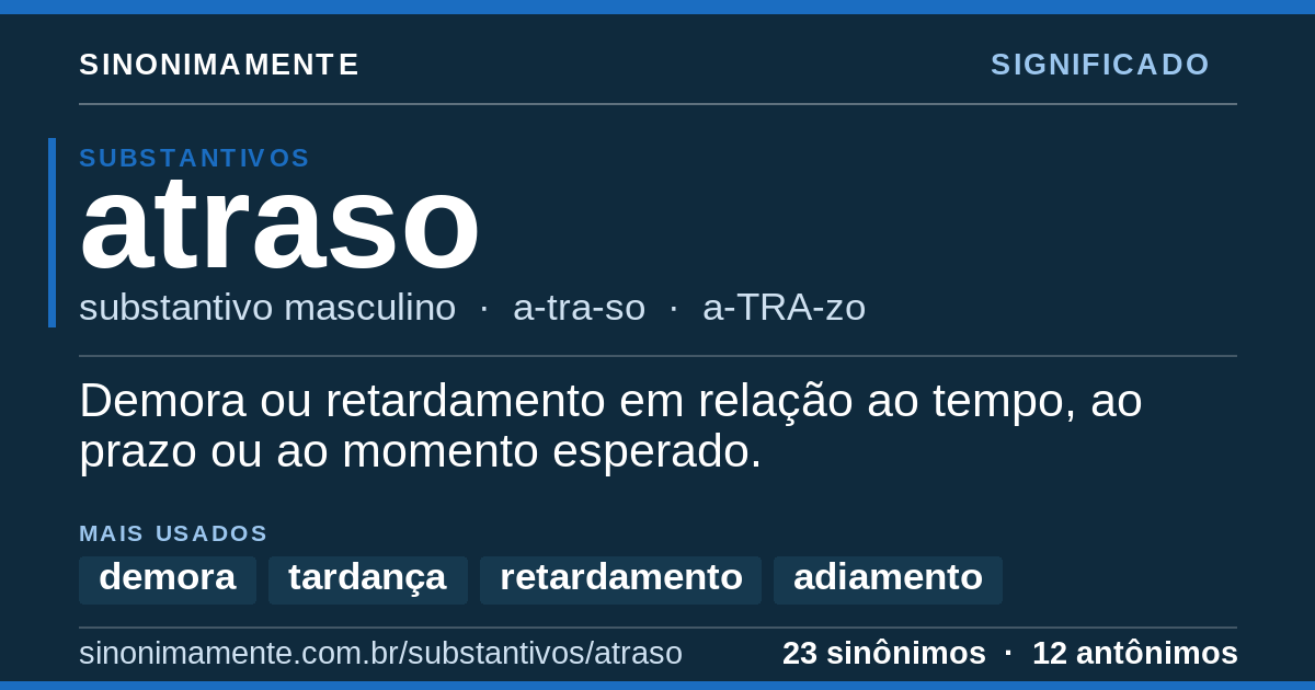 Significado de atraso: cartão do verbete com 23 sinônimos
