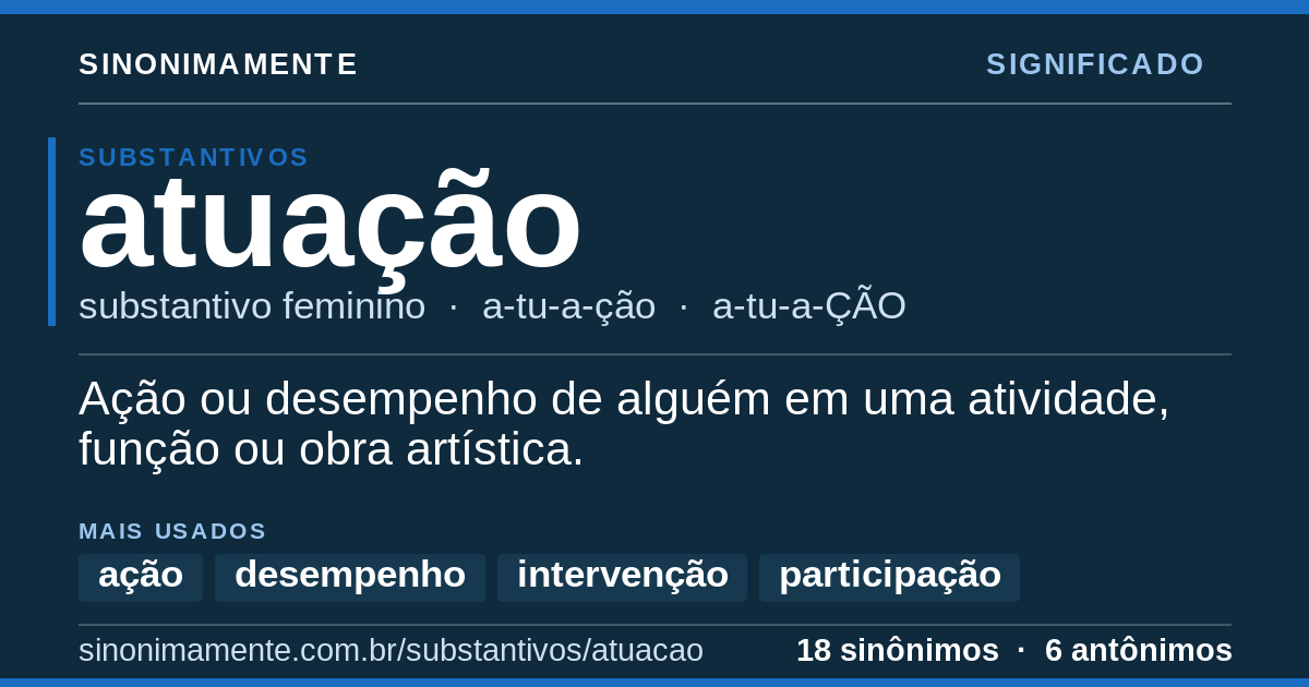 Significado de atuação: cartão do verbete com 18 sinônimos