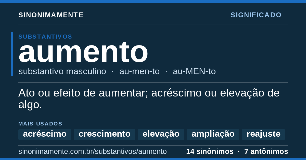 Significado de aumento: cartão do verbete com 14 sinônimos