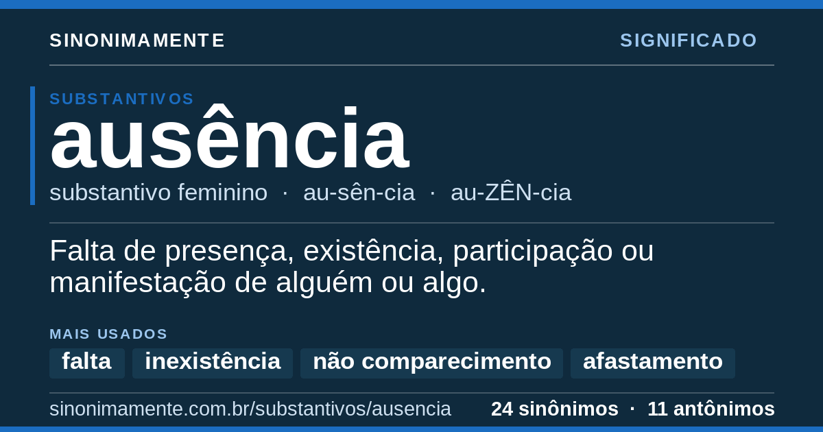 Significado de ausência: cartão do verbete com 24 sinônimos