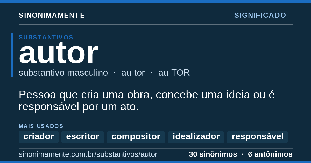 Significado de autor: cartão do verbete com 30 sinônimos