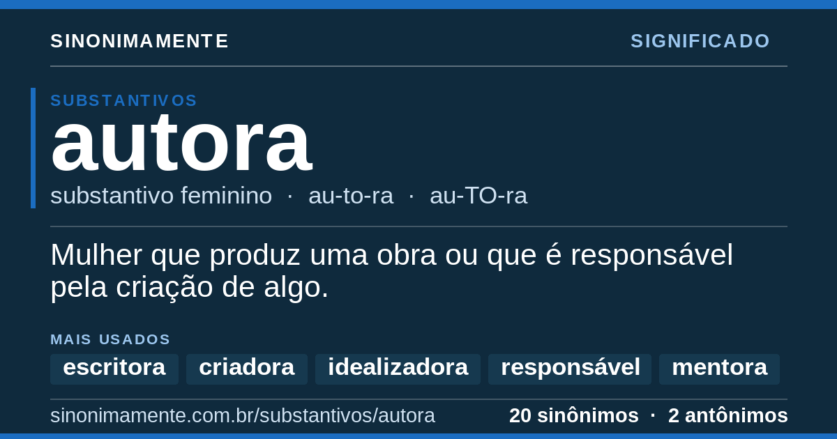 Significado de autora: cartão do verbete com 20 sinônimos