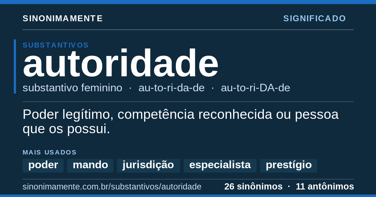 Significado de autoridade: cartão do verbete com 26 sinônimos