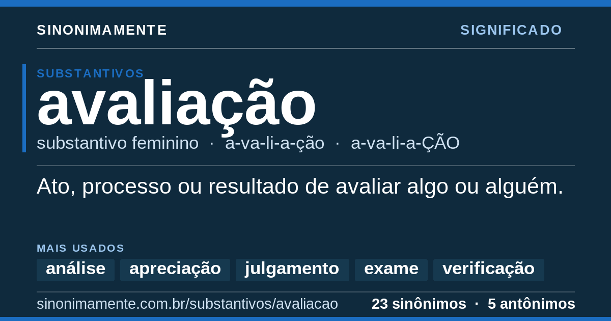 Significado de avaliação: cartão do verbete com 23 sinônimos