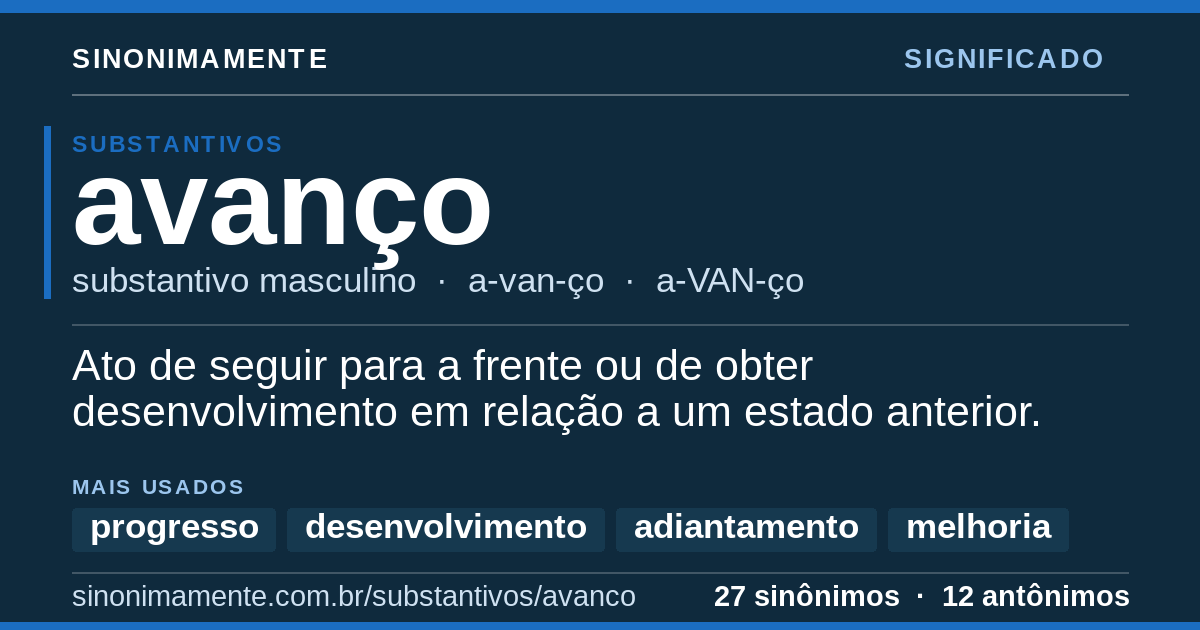 Significado de avanço: cartão do verbete com 27 sinônimos