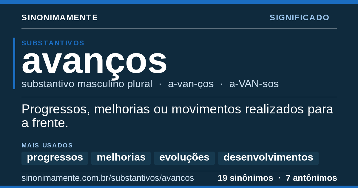 Significado de avanços: cartão do verbete com 19 sinônimos