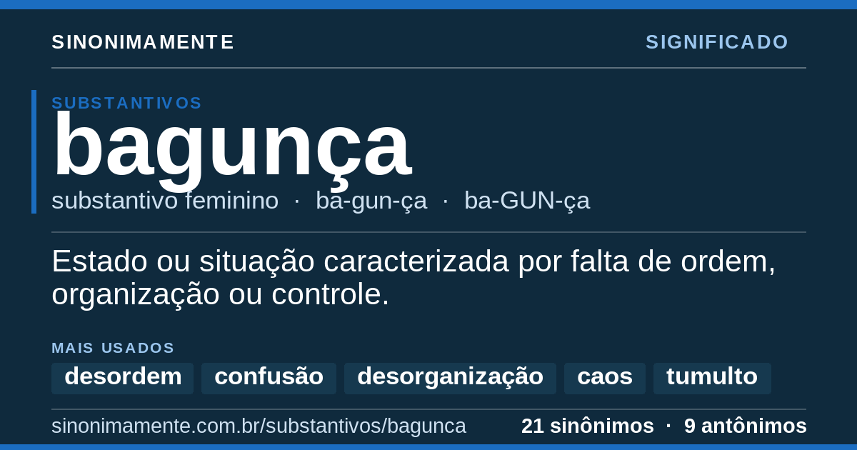 Significado de bagunça: cartão do verbete com 21 sinônimos