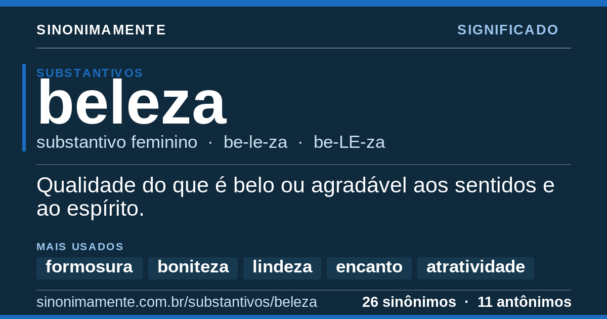 Significado de beleza: cartão do verbete com 26 sinônimos