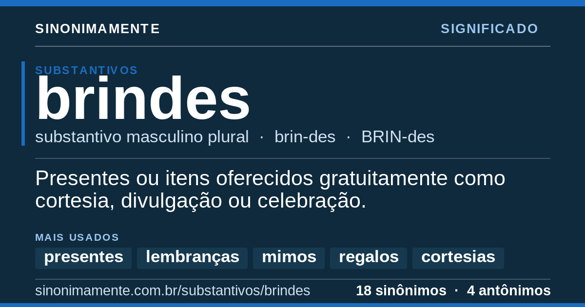 Significado de brindes: cartão do verbete com 18 sinônimos