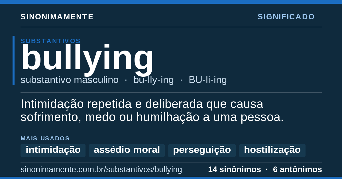 Significado de bullying: cartão do verbete com 14 sinônimos
