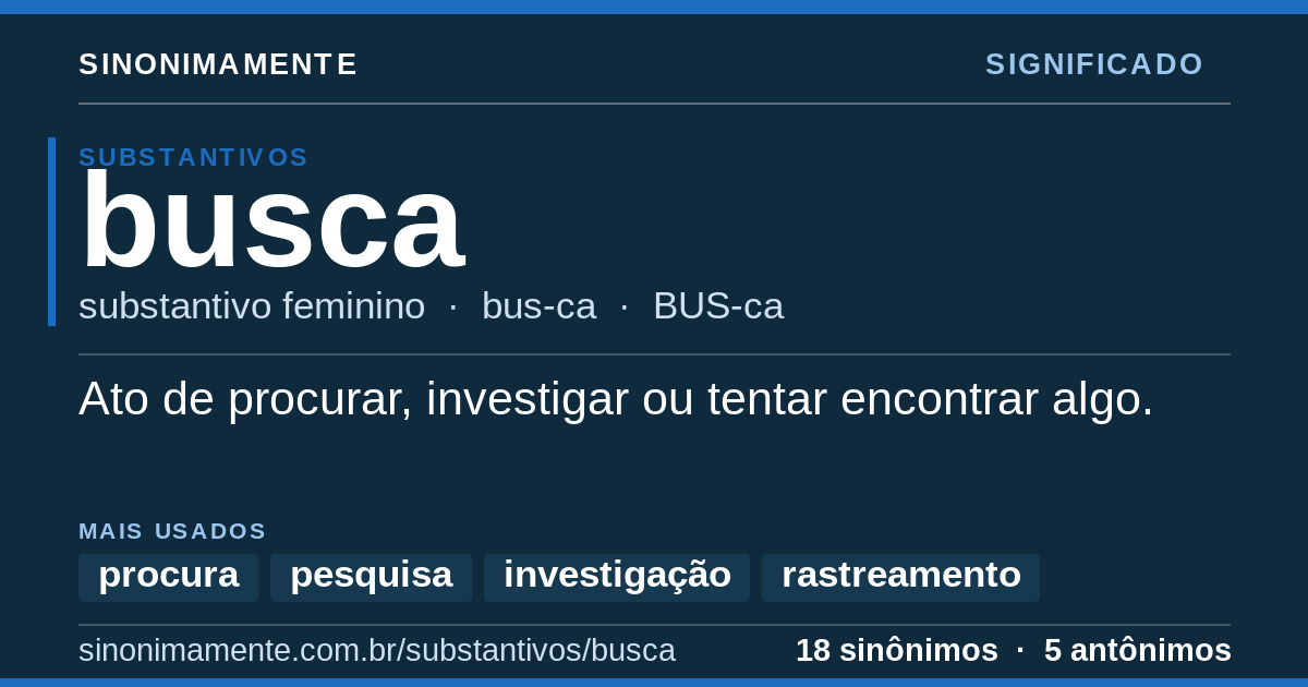 Significado de busca: cartão do verbete com 18 sinônimos
