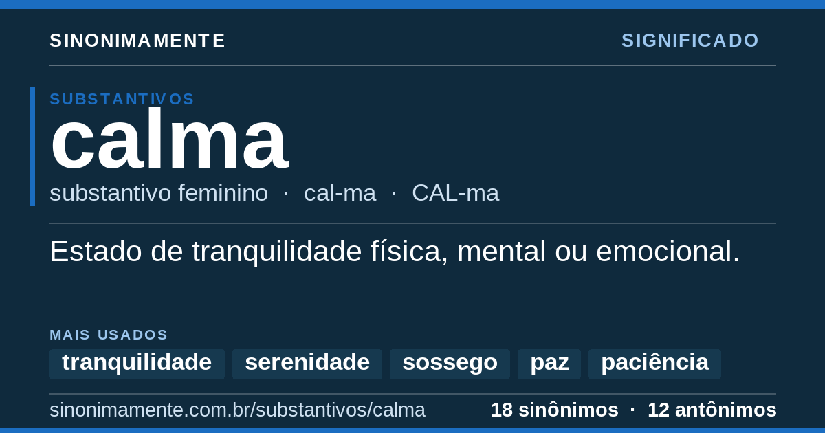 Significado de calma: cartão do verbete com 18 sinônimos
