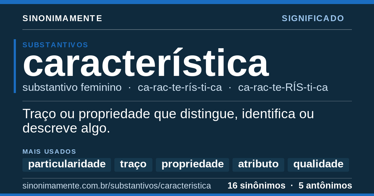 Significado de característica: cartão do verbete com 16 sinônimos