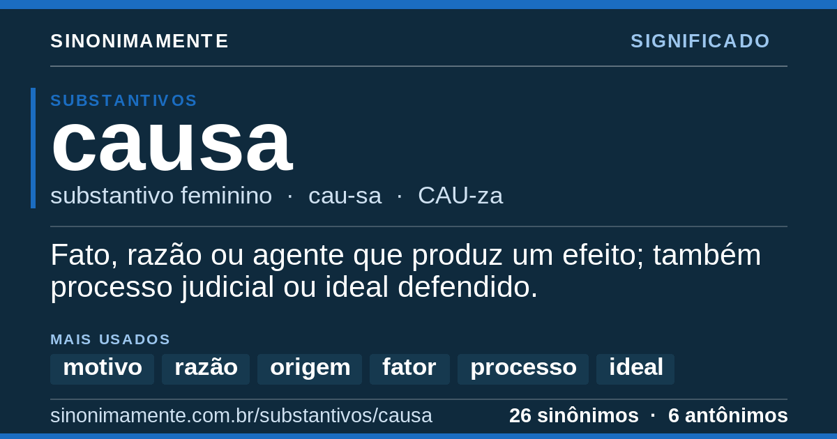 Significado de causa: cartão do verbete com 26 sinônimos