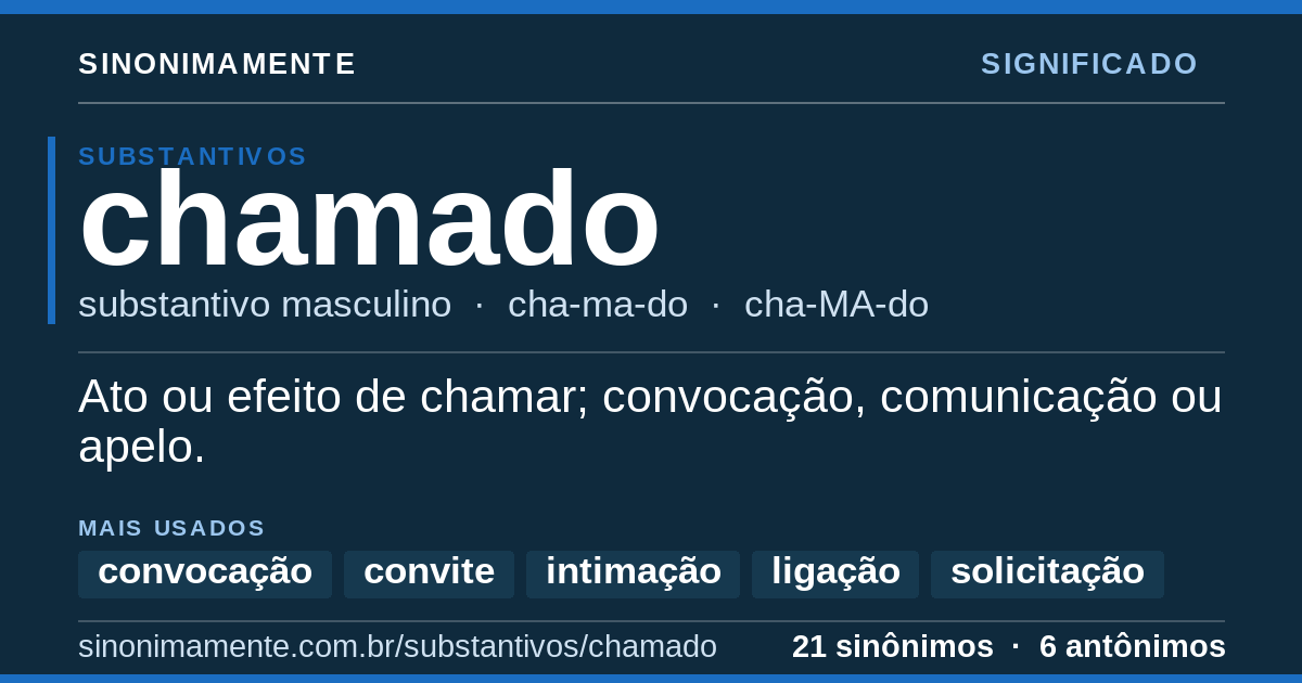 Significado de chamado: cartão do verbete com 21 sinônimos