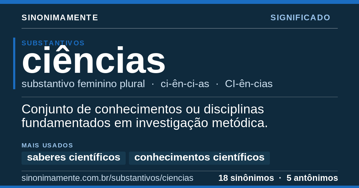 Significado de ciências: cartão do verbete com 18 sinônimos