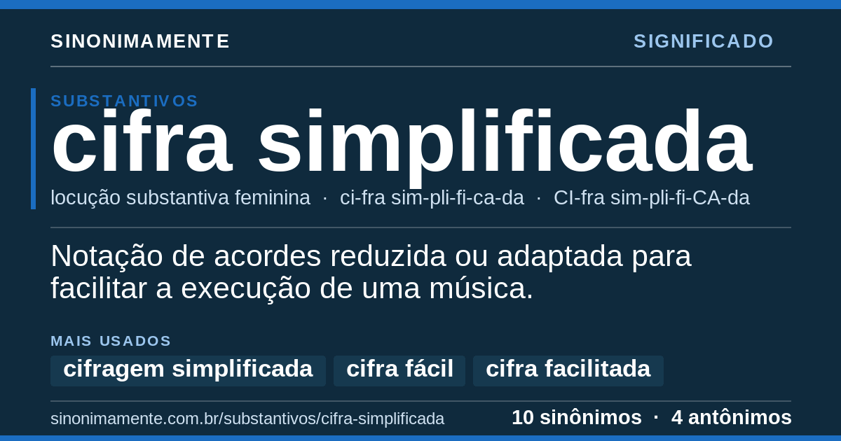 Significado de cifra simplificada: cartão do verbete com 10 sinônimos
