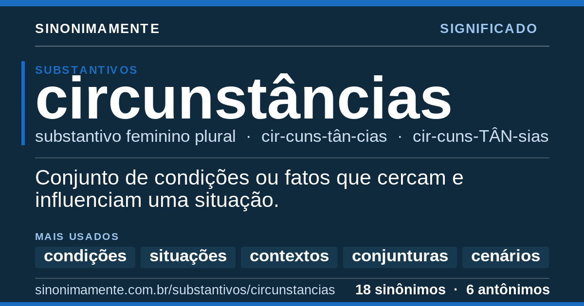 Significado de circunstâncias: cartão do verbete com 18 sinônimos