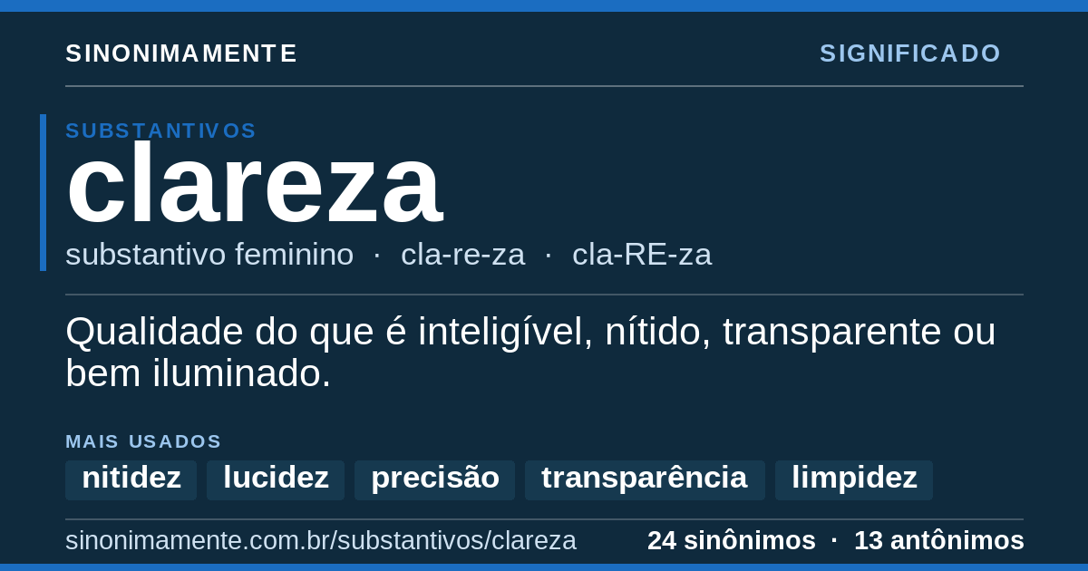 Significado de clareza: cartão do verbete com 24 sinônimos