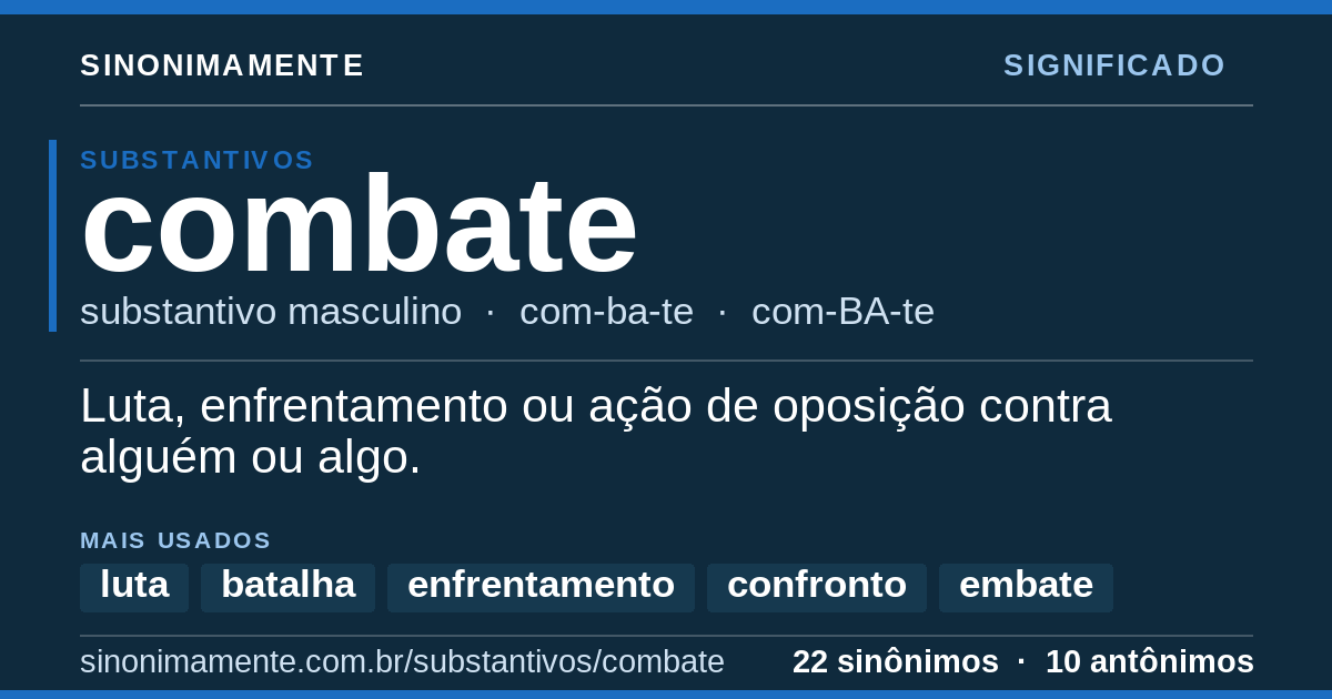 Significado de combate: cartão do verbete com 22 sinônimos