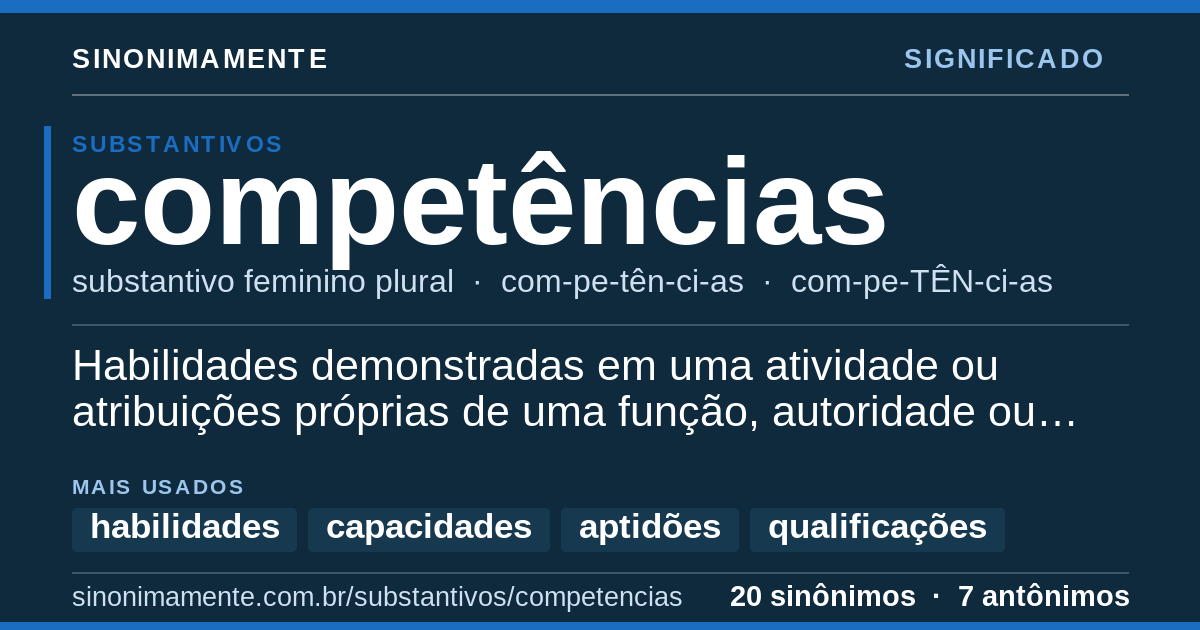 Significado de competências: cartão do verbete com 20 sinônimos