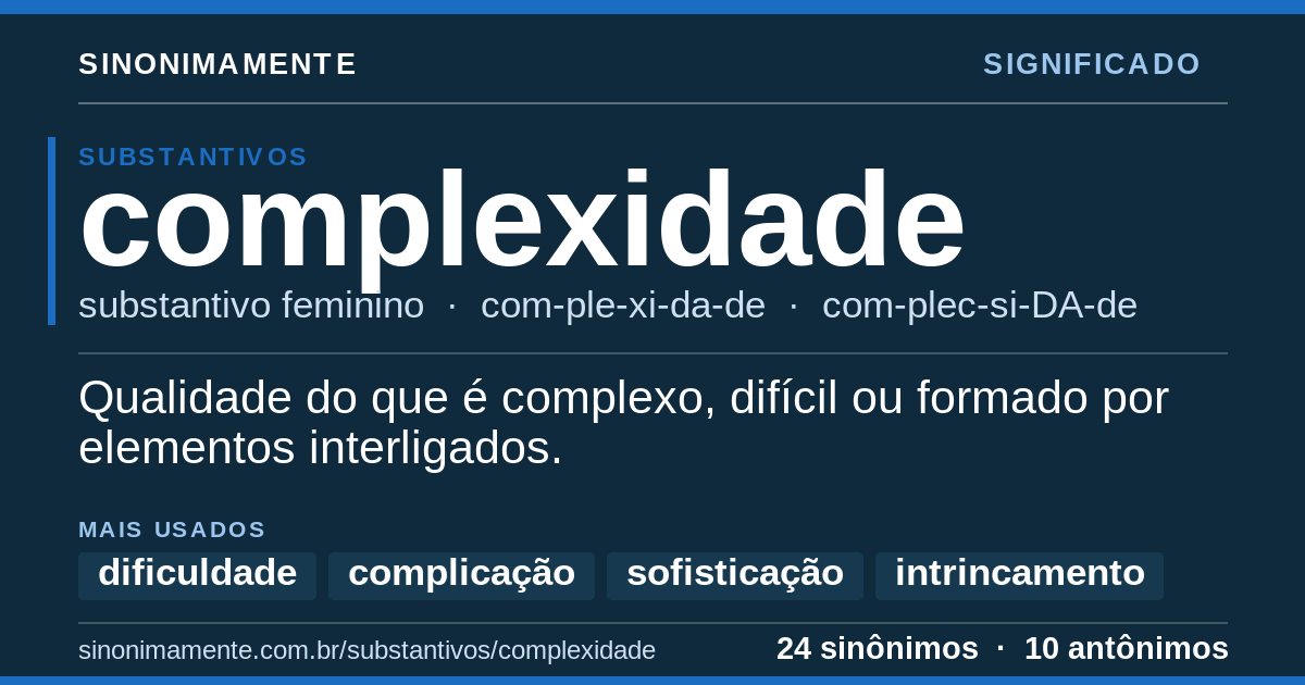 Significado de complexidade: cartão do verbete com 24 sinônimos