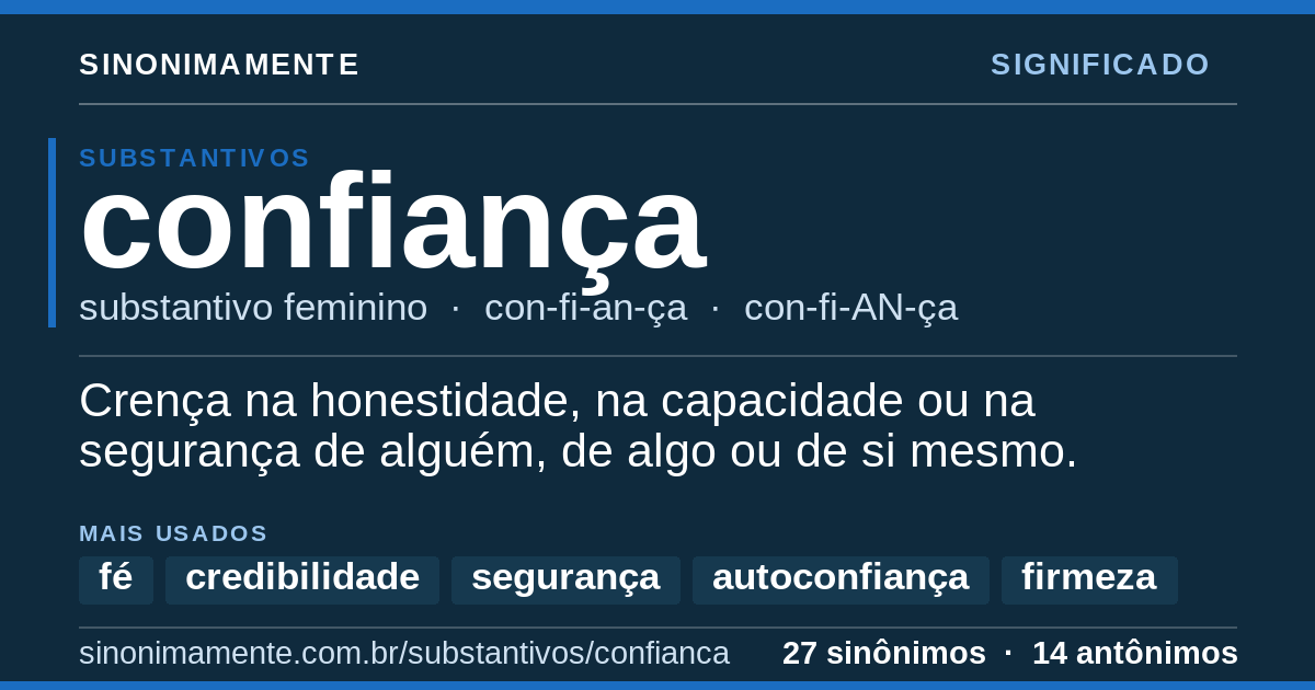 Significado de confiança: cartão do verbete com 27 sinônimos