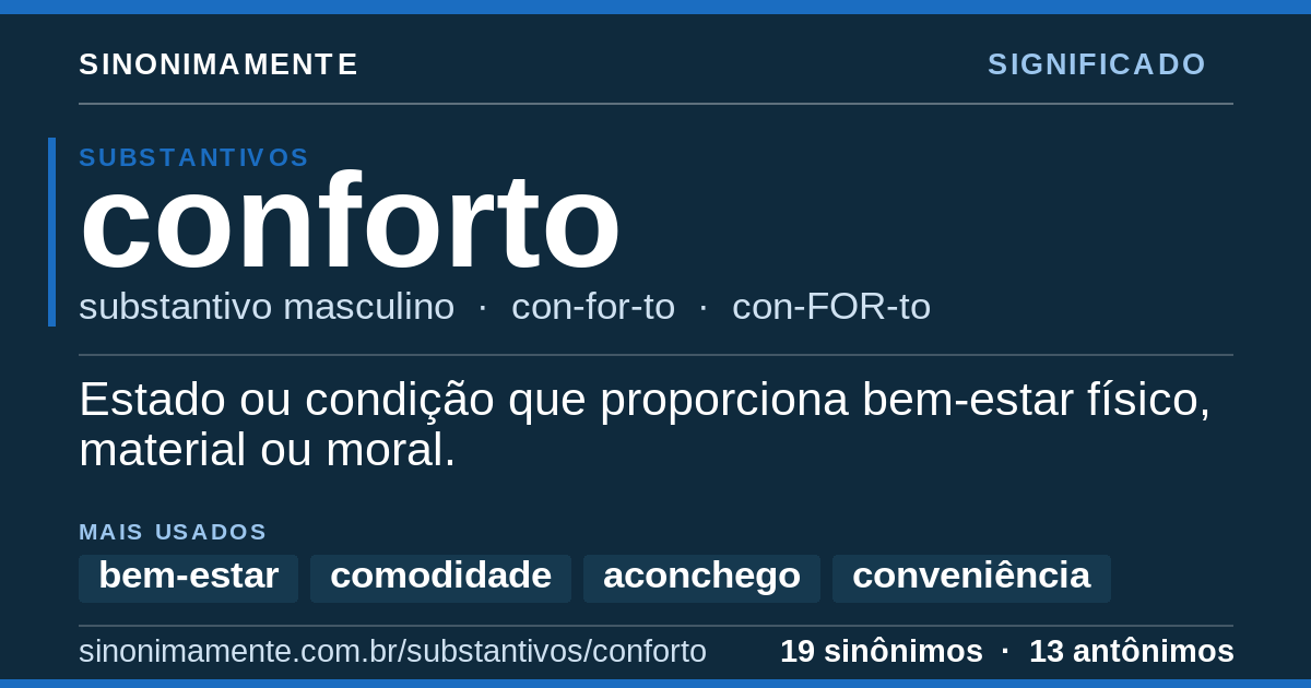 Significado de conforto: cartão do verbete com 19 sinônimos