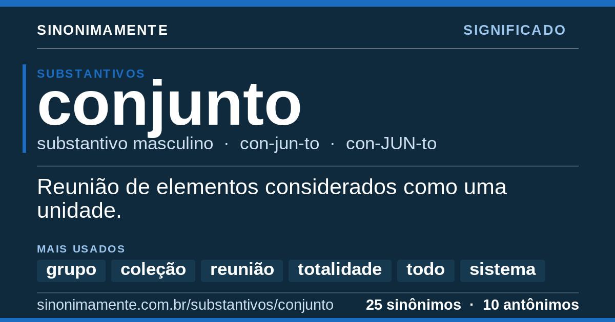 Significado de conjunto: cartão do verbete com 25 sinônimos