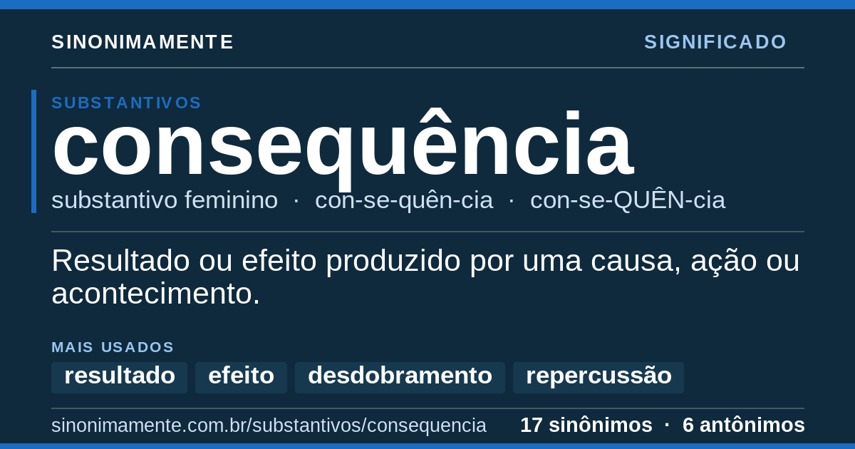 Significado de consequência: cartão do verbete com 17 sinônimos