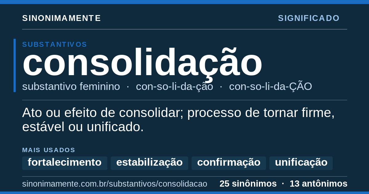 Significado de consolidação: cartão do verbete com 25 sinônimos
