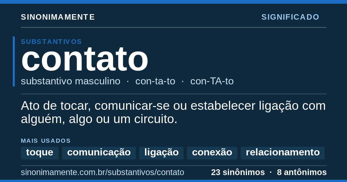 Significado de contato: cartão do verbete com 23 sinônimos