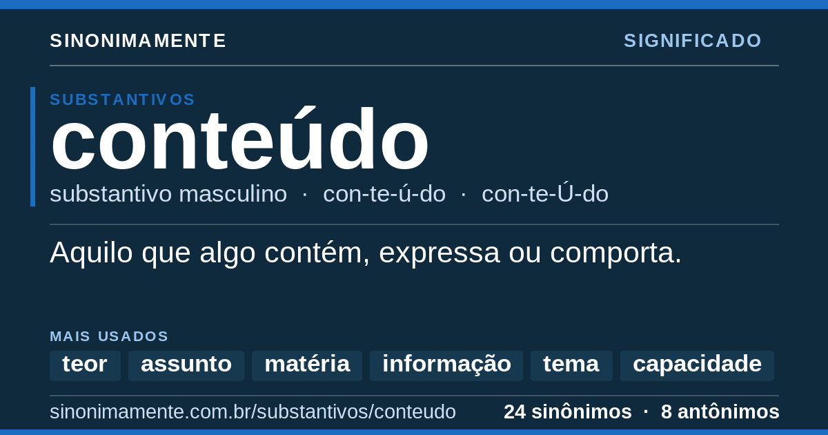 Significado de conteúdo: cartão do verbete com 24 sinônimos