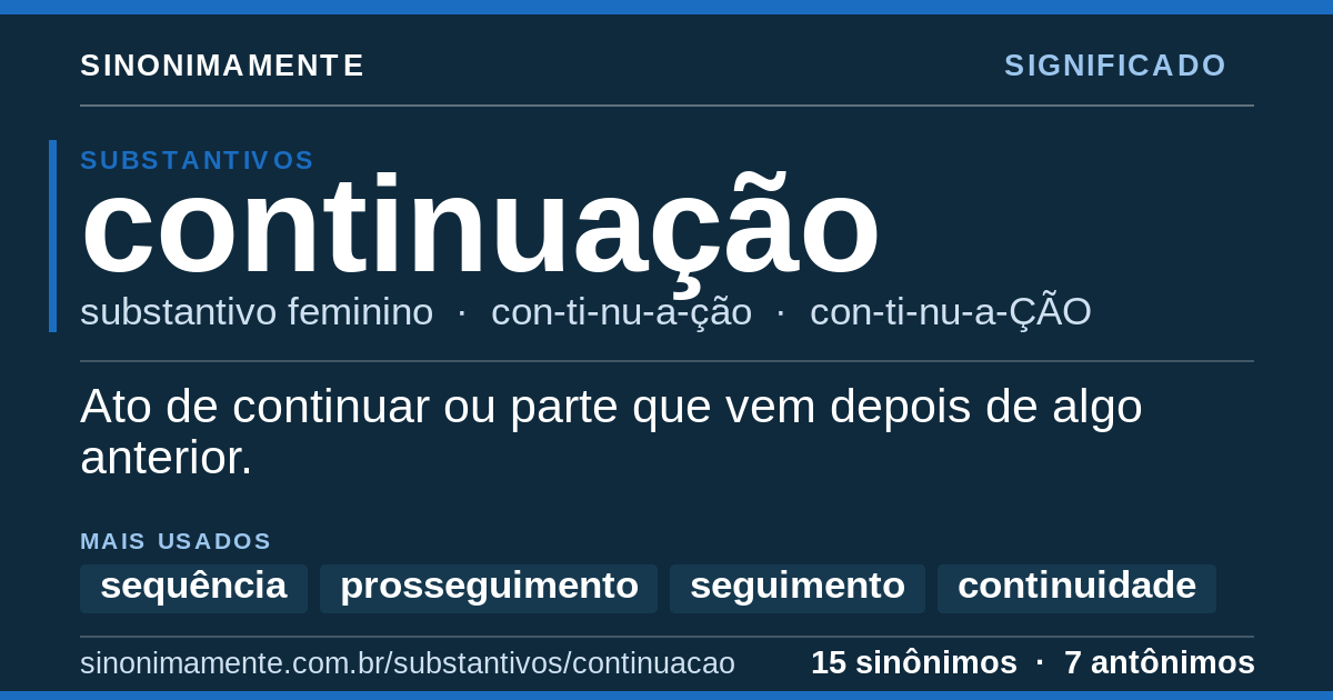 Significado de continuação: cartão do verbete com 15 sinônimos
