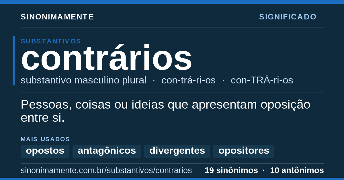 Significado de contrários: cartão do verbete com 19 sinônimos