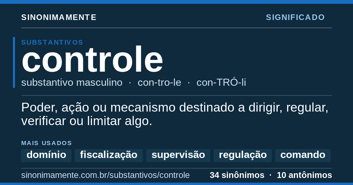 Significado de controle: cartão do verbete com 34 sinônimos
