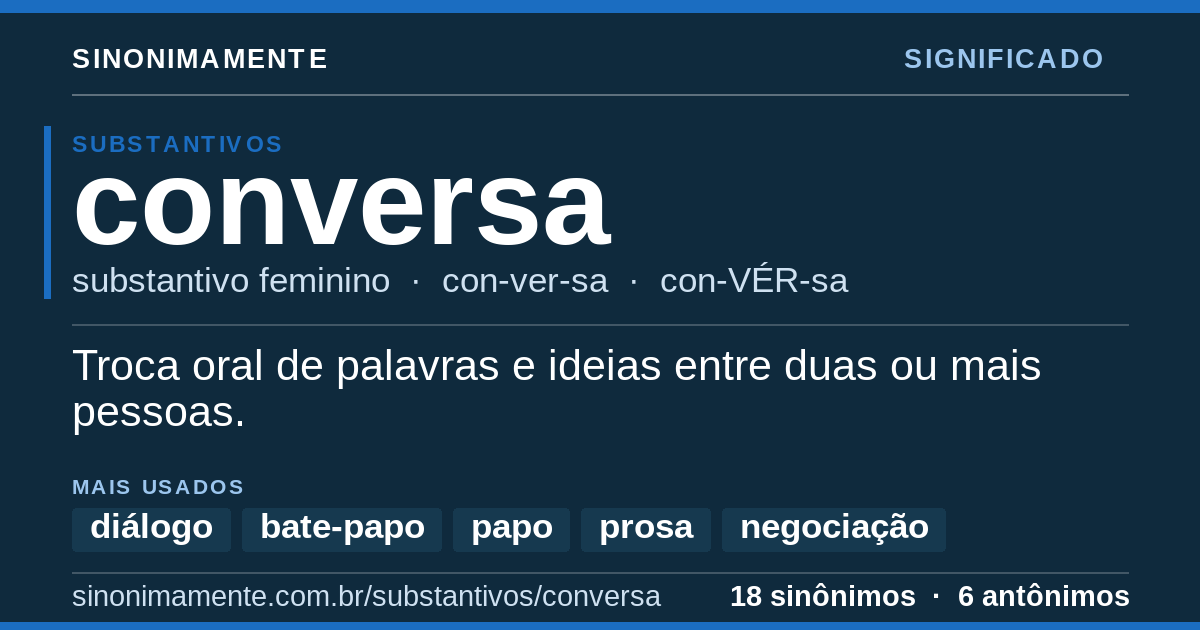 Significado de conversa: cartão do verbete com 18 sinônimos