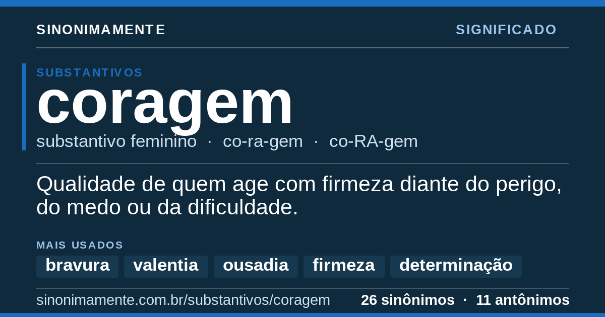 Significado de coragem: cartão do verbete com 26 sinônimos