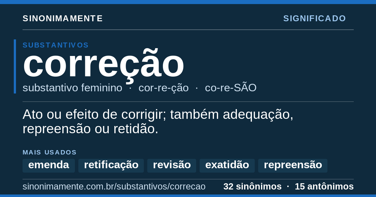 Significado de correção: cartão do verbete com 32 sinônimos