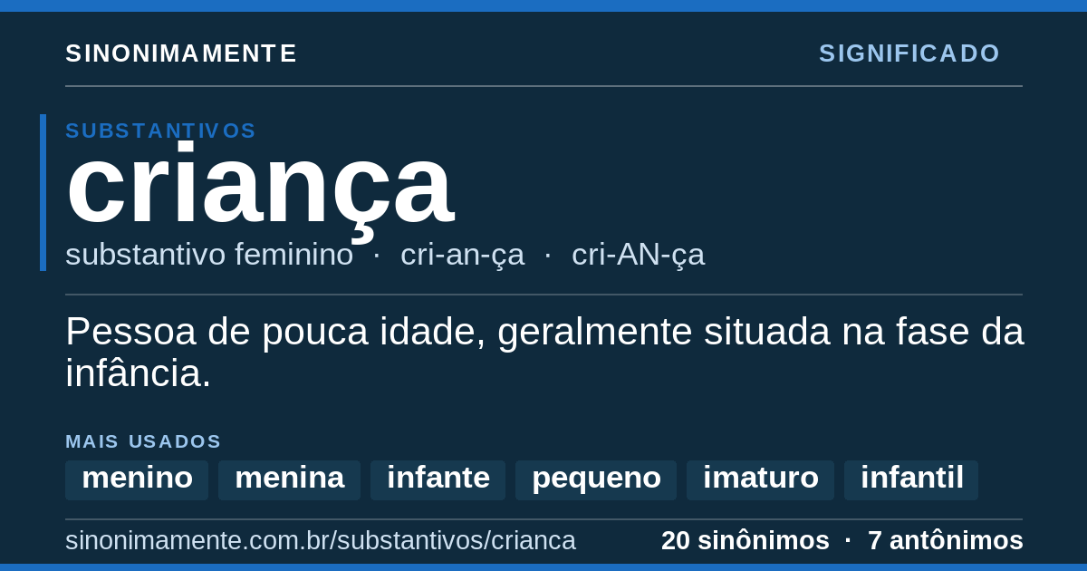 Significado de criança: cartão do verbete com 20 sinônimos