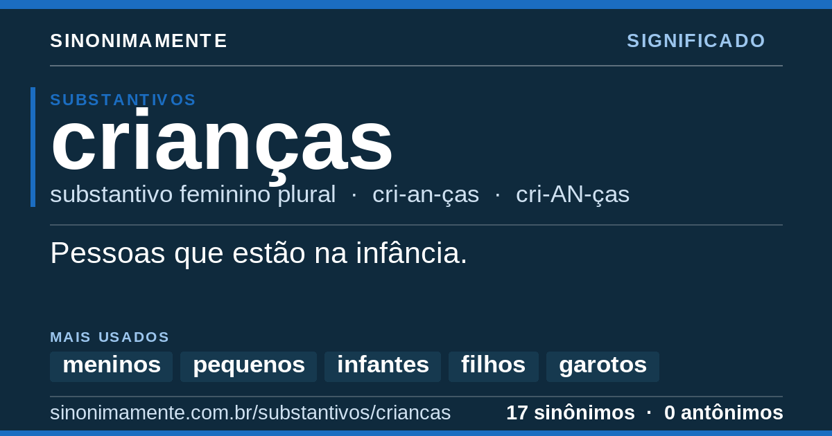 Significado de crianças: cartão do verbete com 17 sinônimos