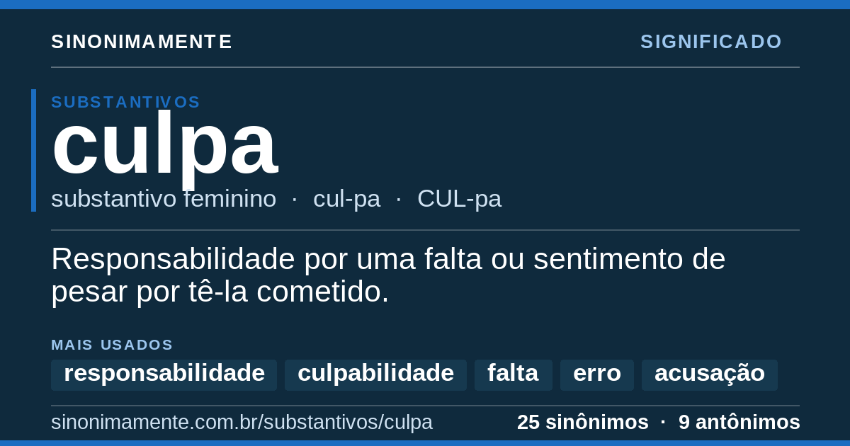 Significado de culpa: cartão do verbete com 25 sinônimos
