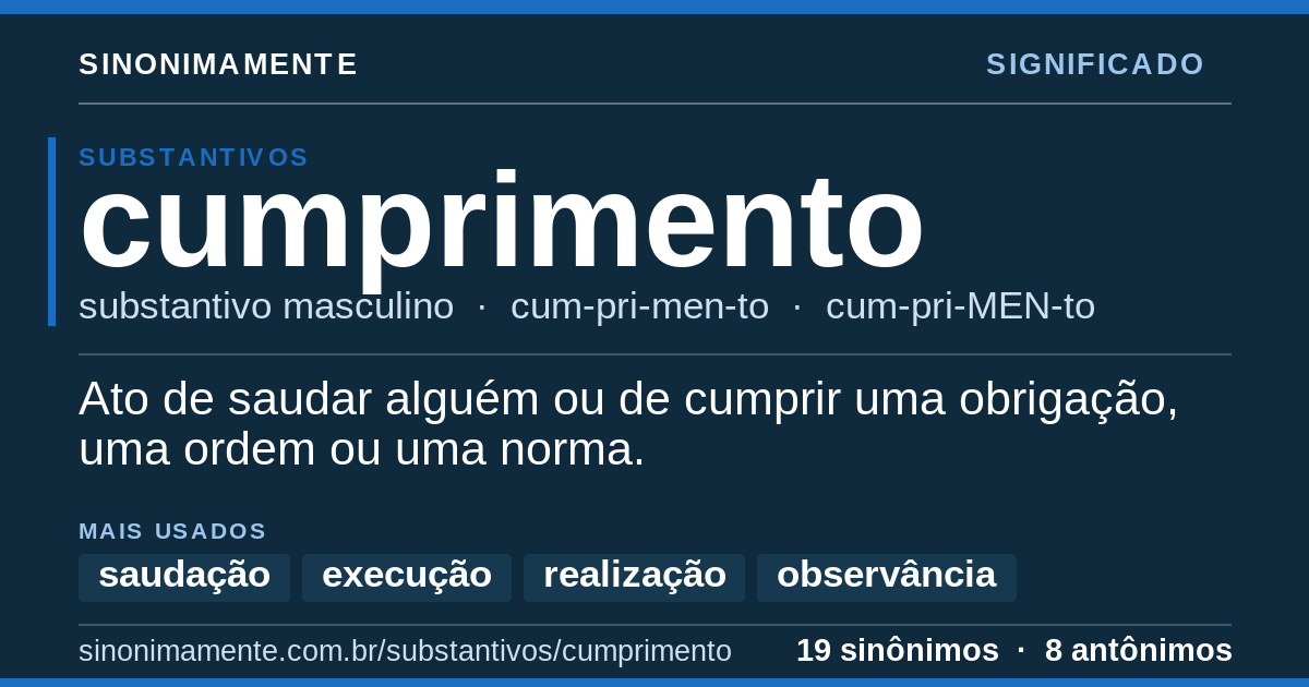 Significado de cumprimento: cartão do verbete com 19 sinônimos