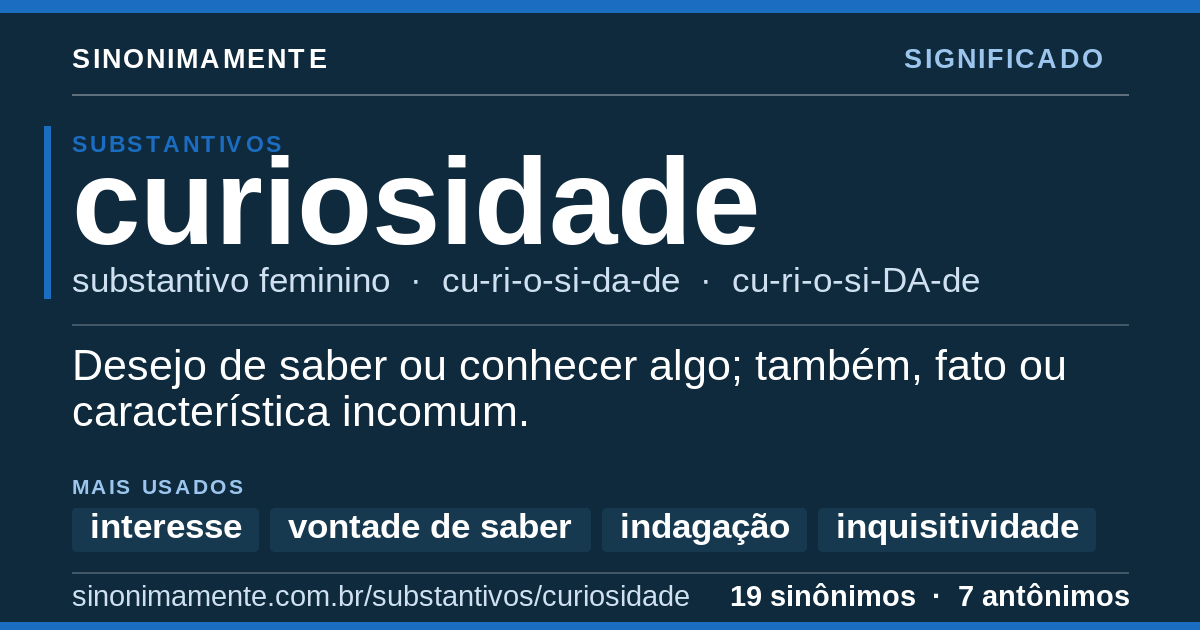 Significado de curiosidade: cartão do verbete com 19 sinônimos
