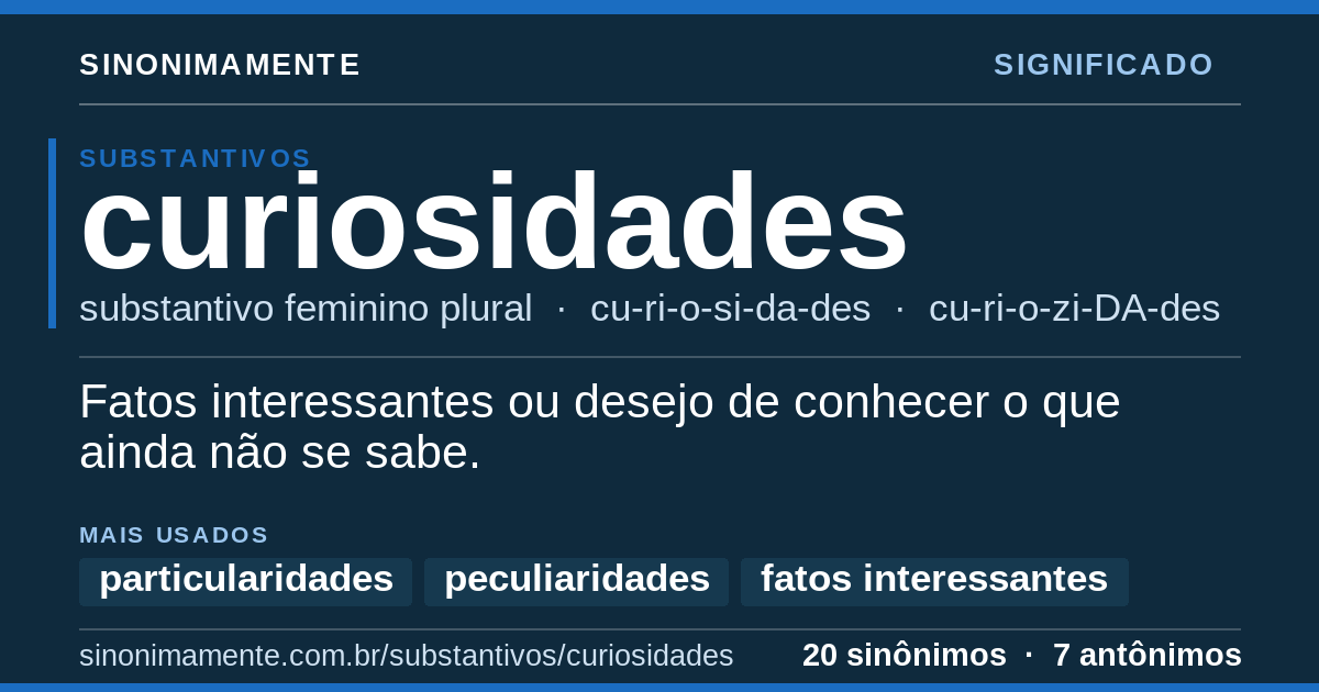 Significado de curiosidades: cartão do verbete com 20 sinônimos
