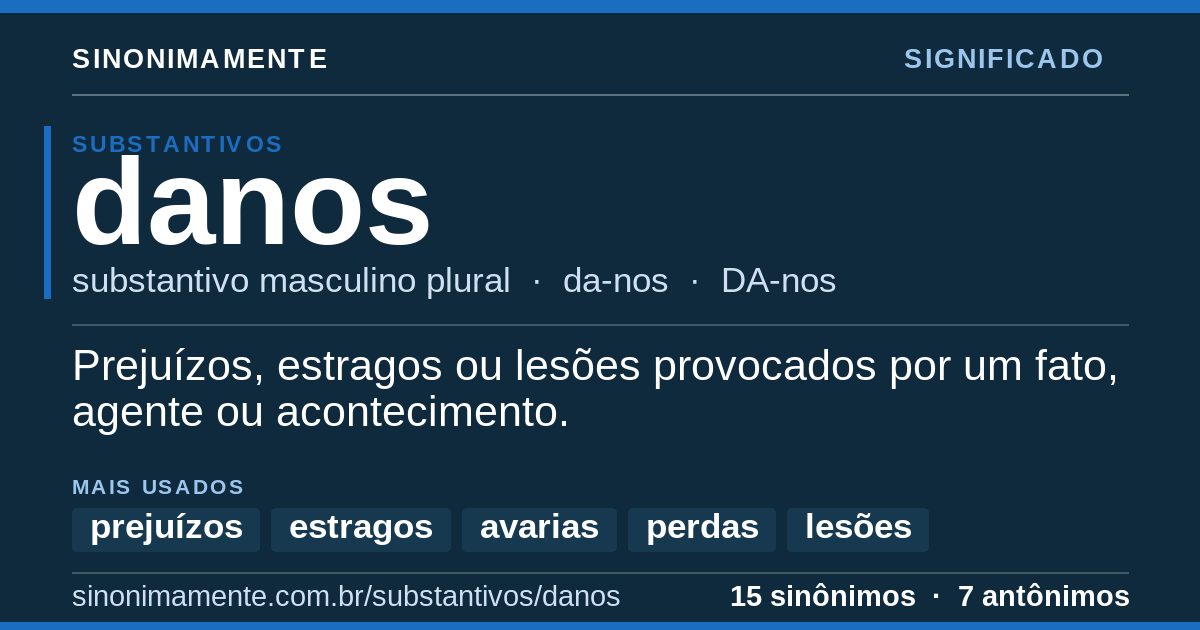 Significado de danos: cartão do verbete com 15 sinônimos