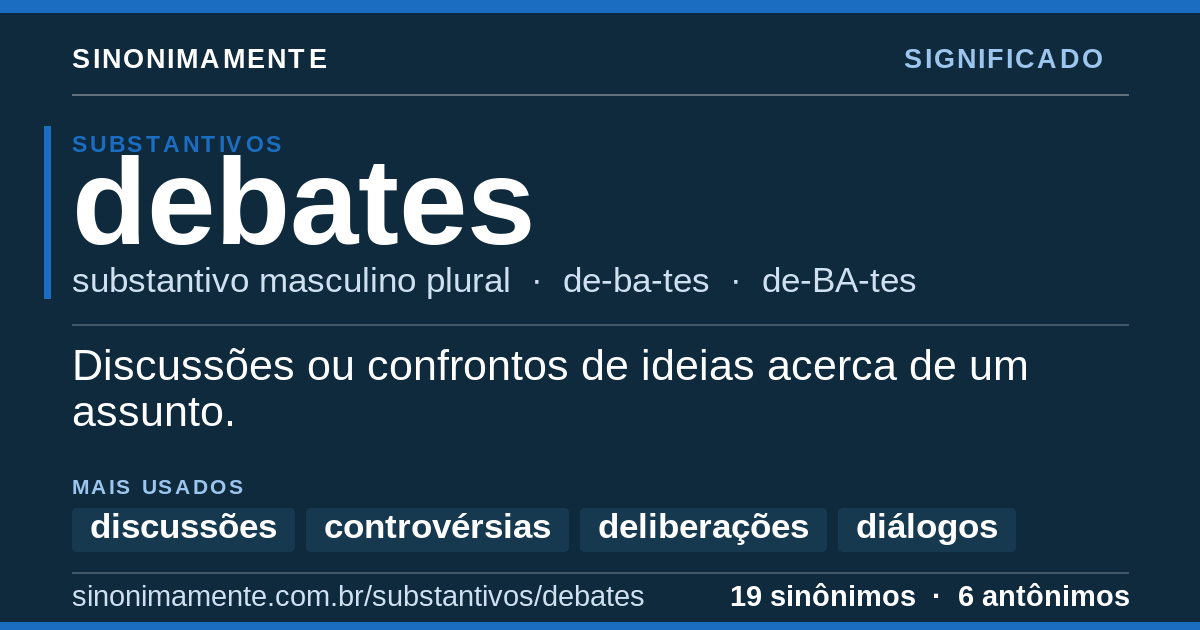 Significado de debates: cartão do verbete com 19 sinônimos