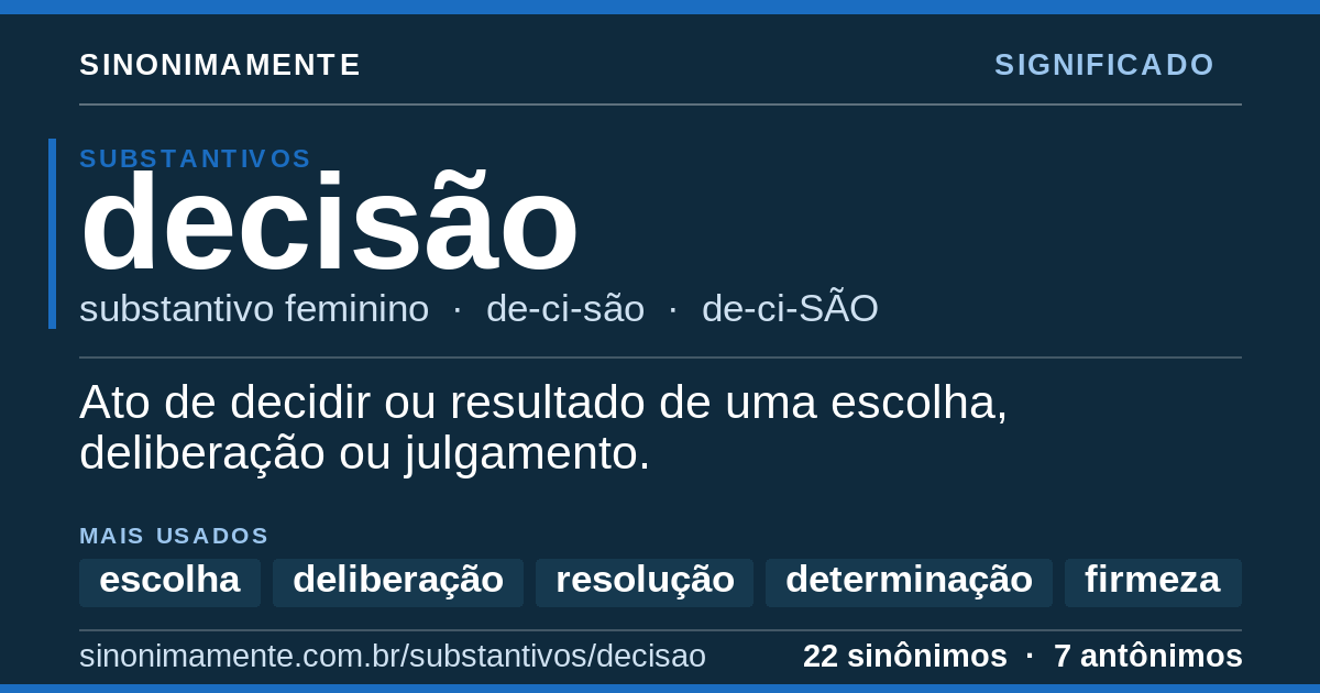 Significado de decisão: cartão do verbete com 22 sinônimos