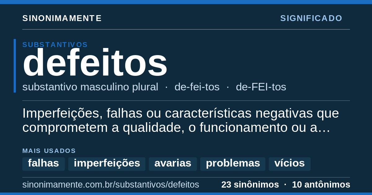Significado de defeitos: cartão do verbete com 23 sinônimos