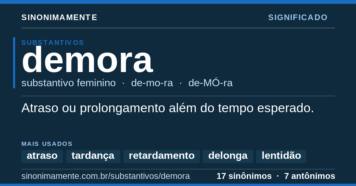 Significado de demora: cartão do verbete com 17 sinônimos